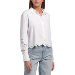 ELLEN TRACY White Linen Blend Long Sleeve Embroidered Blouse